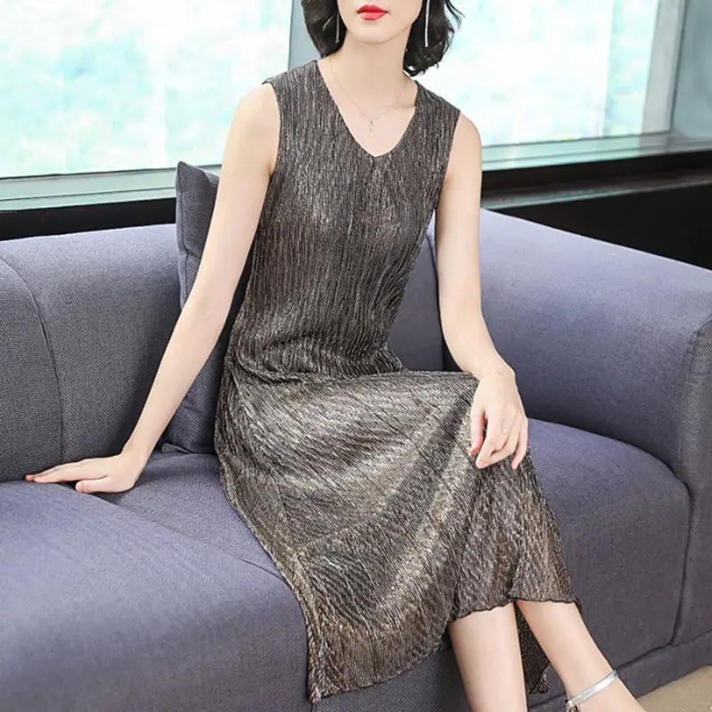 Stylish Bright Silk Casual Sleeveless Sundress Vintage Elegant V-Neck Women's Clothing A-Line Summer Commute Loose Midi Dress