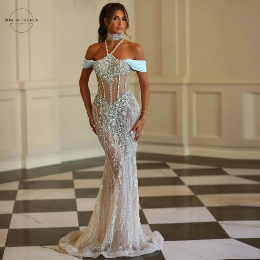 

ROSEINTHEBOX Customized Halter Necklace Evening Dresses Luxurious Crystal Mermaid فساتين سهرة Bodice Formal Dress