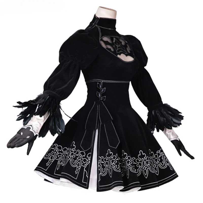 

Anime Nier Automata Cosplay Costumes Sexy Black Dress with Gloves 2B Synthetic Wigs for Women Girls Full Dress