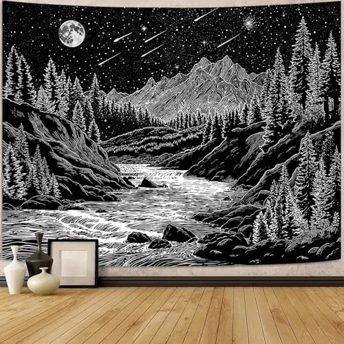 1PC Nature Forest Tree Waterfall Black Stream Print Tapestry, Boho Style, Bedroom Living Room Wall Hanging, Polyester, Wall Art