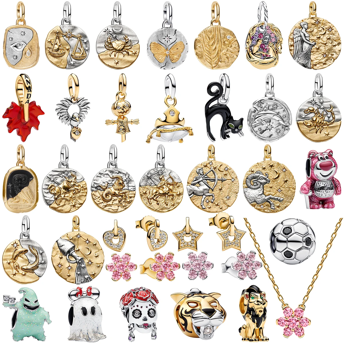 925 Sterling Silver Zodiac Sign Charms Taurus Coin Pendent Cartoon Maple Leaf Eagle Black Cat Beads Bracelet DIY Jewelry Gift