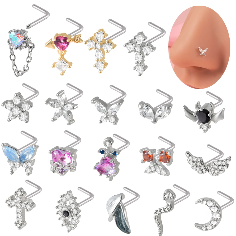 Surgical Steel Zircon LShape Screw Nariz Stud Piercing Heart Nose Ear Bone Pin Stud Ring Women Fashion Body Piercing Jewelry