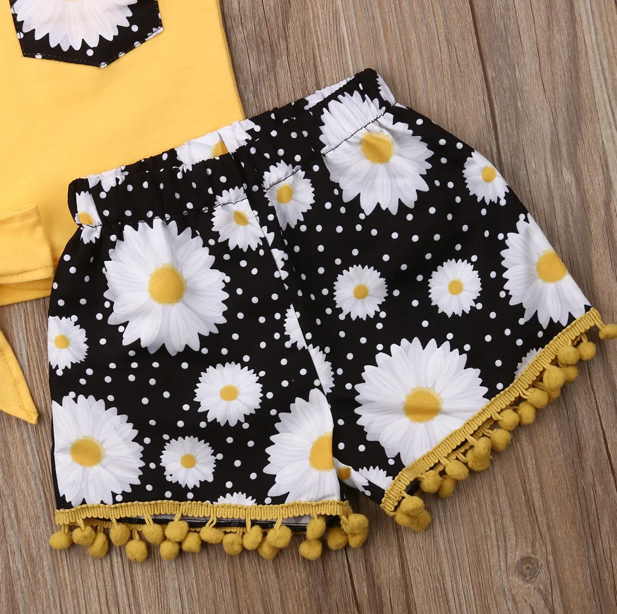 2019 Baby Summer Clothing Toddler Baby Girl Flower Sleeveless Tops T-shirts Tassel Daisy Short Headband 3PCS Outfits Set Sunsuit