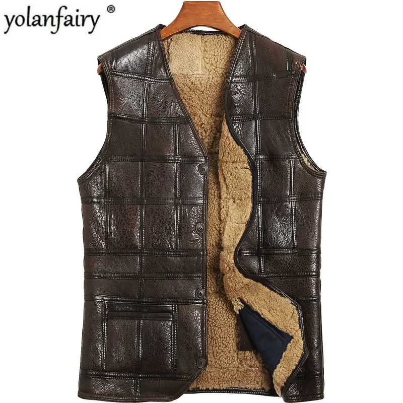 Genuine Leather Vest Men 100% Wool Fur Liner Short Coat Winter Jacket Sheepskin Vests Plus Size Chalecos Para Hombre 802 MY1574