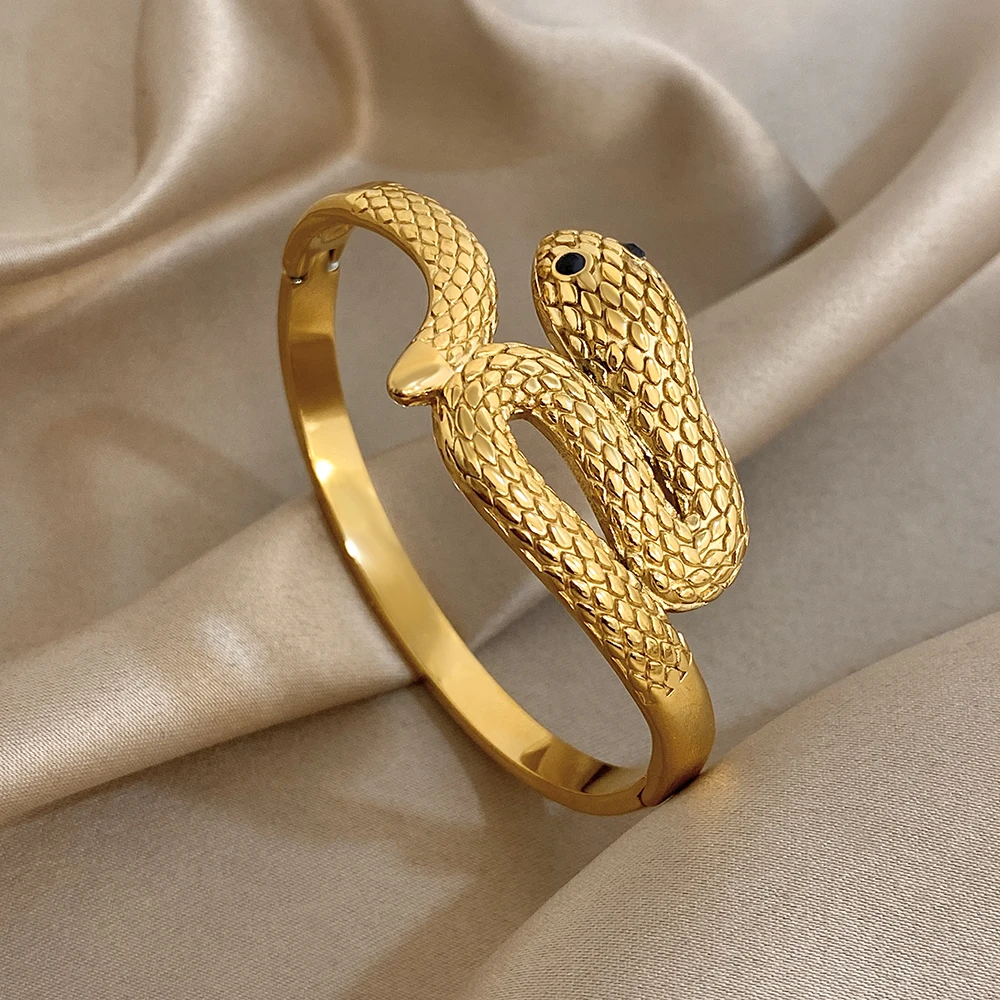 

Freetry Exaggerated Stainless Steel Golden Snake Bangle Bracelet Women Punk Serpentine Wide Cuff Spring Bangle Party Jewelry