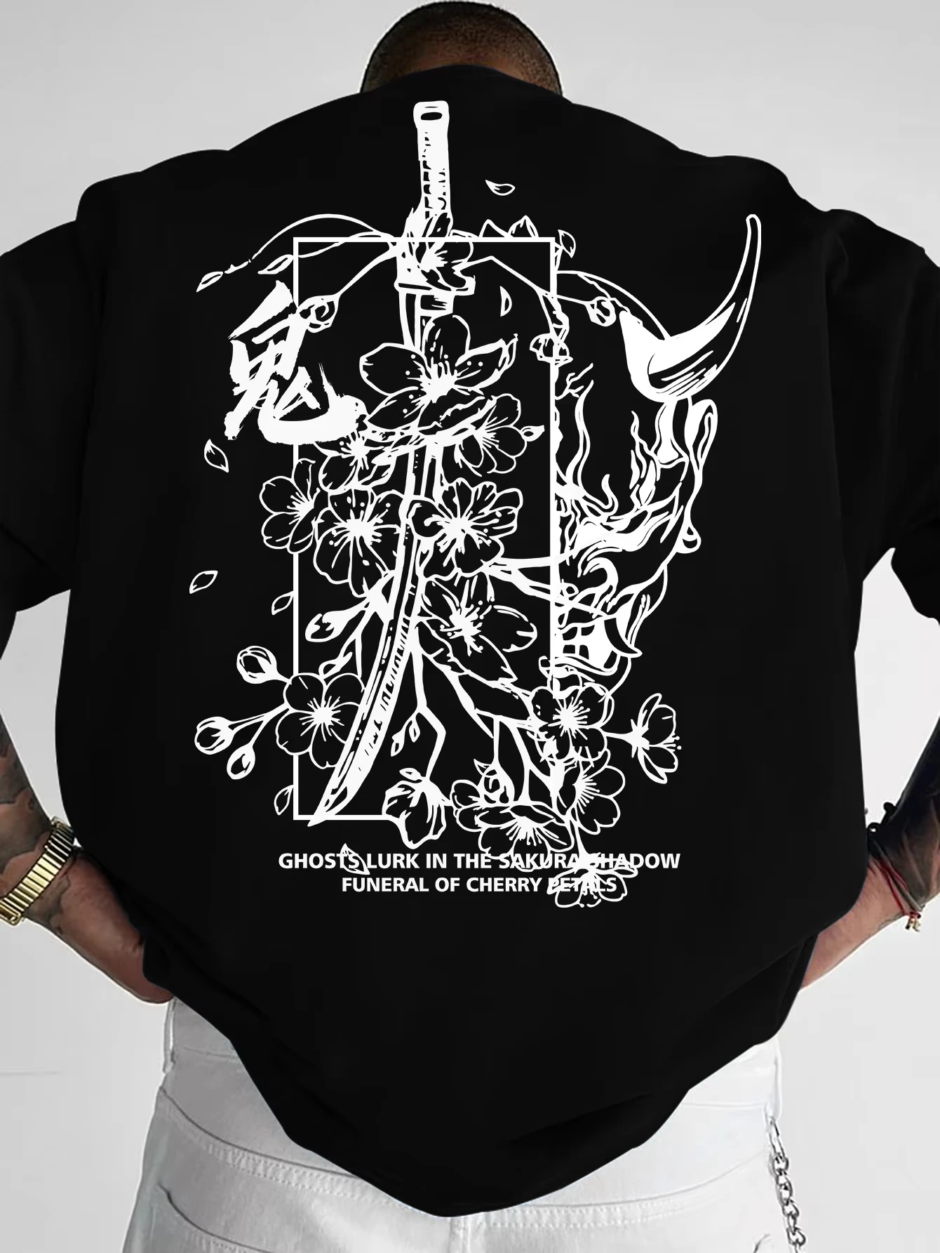 2026 Summer Fashion New Men's Extra Large Dark Samurai Sakura Printed T-shirt Pure Cotton Japanese Pattern Street Top Large