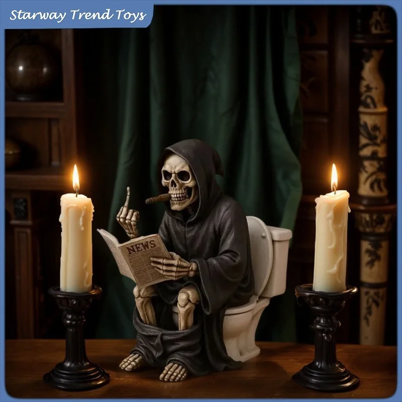 

Middle Finger Grim Reaper Toilet Statue Resin Skeleton Figurine Reading Newspaper Halloween Bathroom Desktop Decor Gift