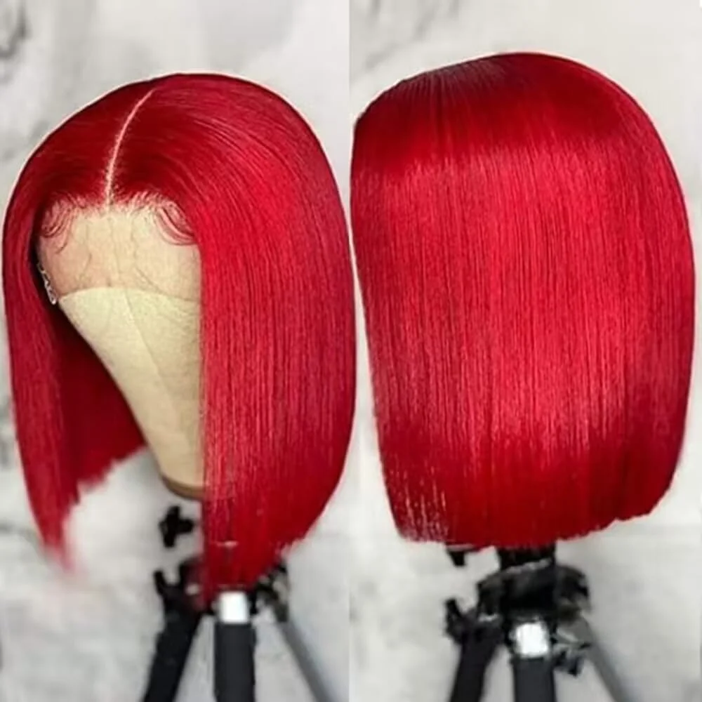 Peruca curta reta Bob com frente de renda, cabelo humano, perucas de renda frontal, destaque vermelho, gengibre, cor laranja, 13x4