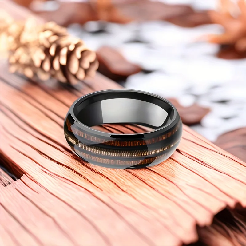 Coffee Color Rose Golden Ring Guitar String Stainless Steel Ring Inlaid Whiskey Barrel Wood Grain Ring for Men Engagement