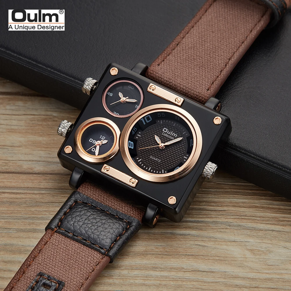 Oulm Watch Luxury Brand Men Fabric Strap Quartz Watch Clock Male Multiple Time Zones Square Sports Watches Relogio Masculino