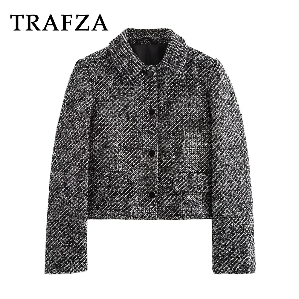 

TRAFZA Vintage Elegant Plaid Woman Jackets Buttons Turn-down Collar Gingham Fashion 2025 Autumn Female Pockets Straight Outwear