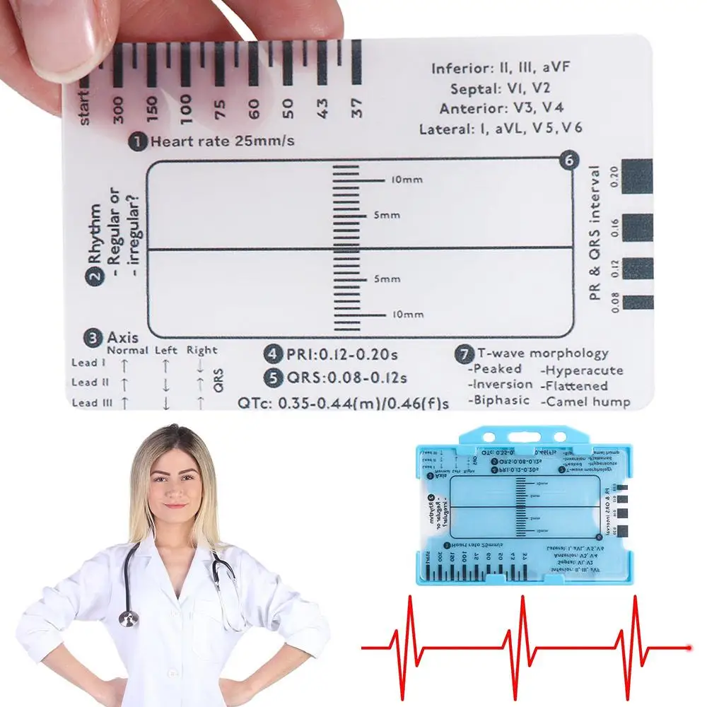 Interpretation ECG 7 Step Ruler Card Clear Portable Pocket ECG EKG Calipers Measure Tool Measuring Ecg/Ekg Reference Guide Nurse