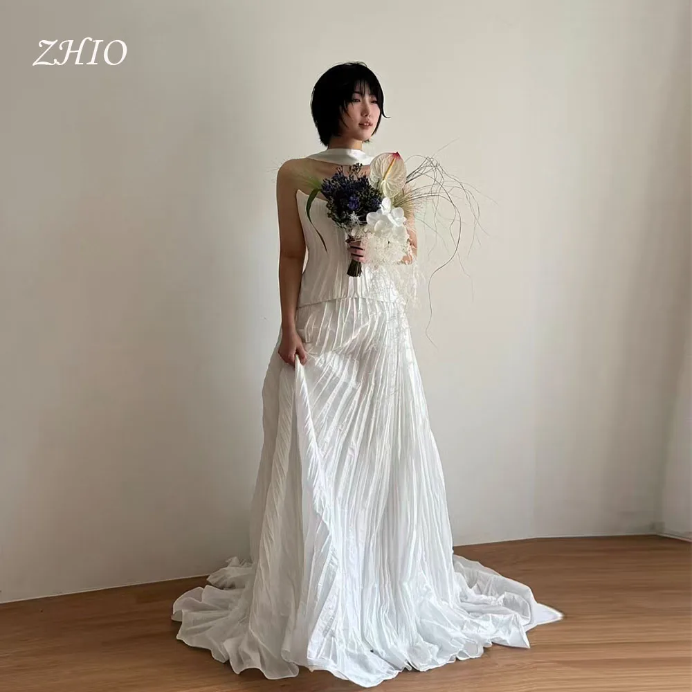 

ZHIO Modern Pleat Wedding Party Dress Strapless Tiered White Satin Korea Photo Shoot Bridal Reception Gown Customized웨딩드레스