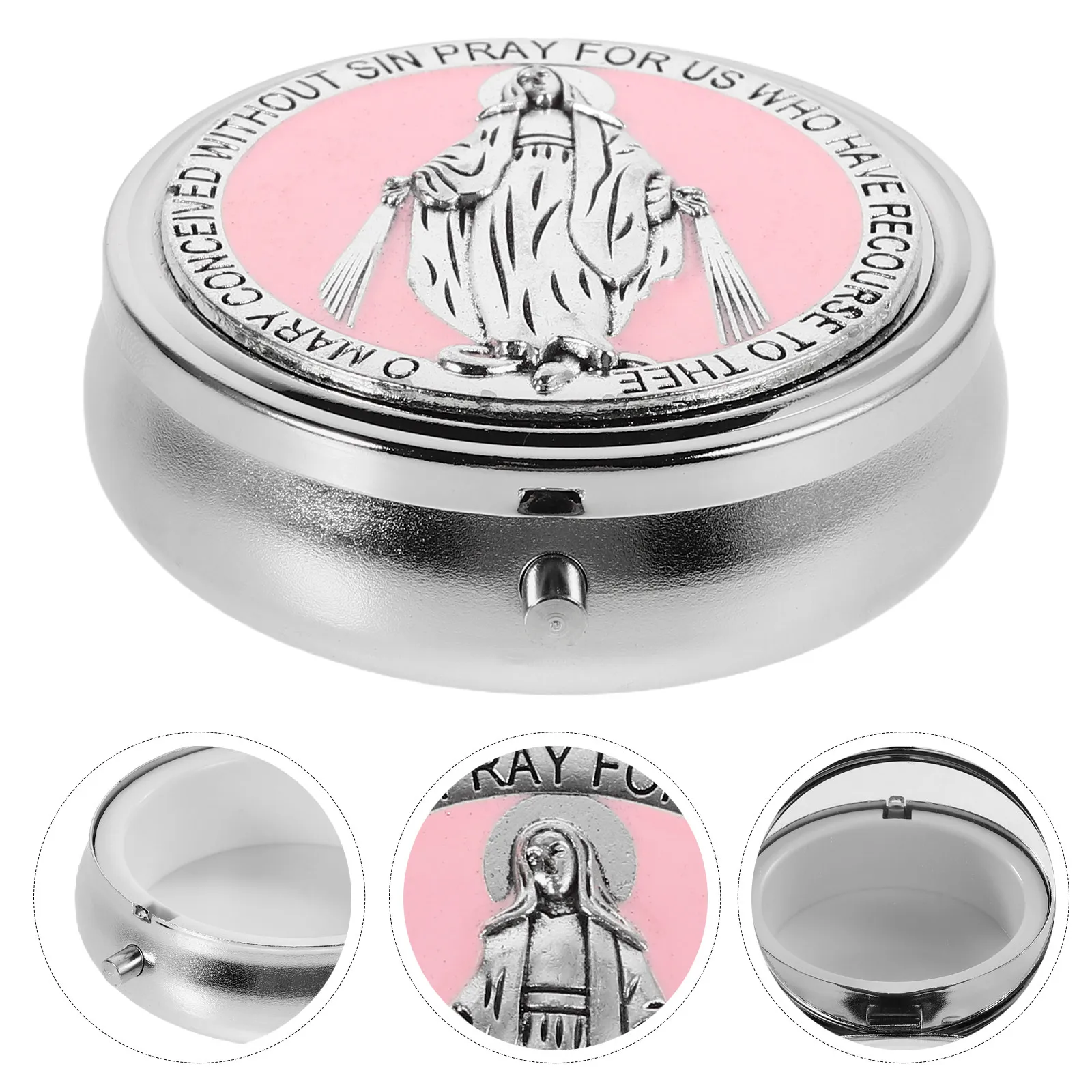 Rosary Trinket Storage Box Metal Communion Keepsake Small Round Jewelry Organizer Kids Compact Rosary Beads Holder