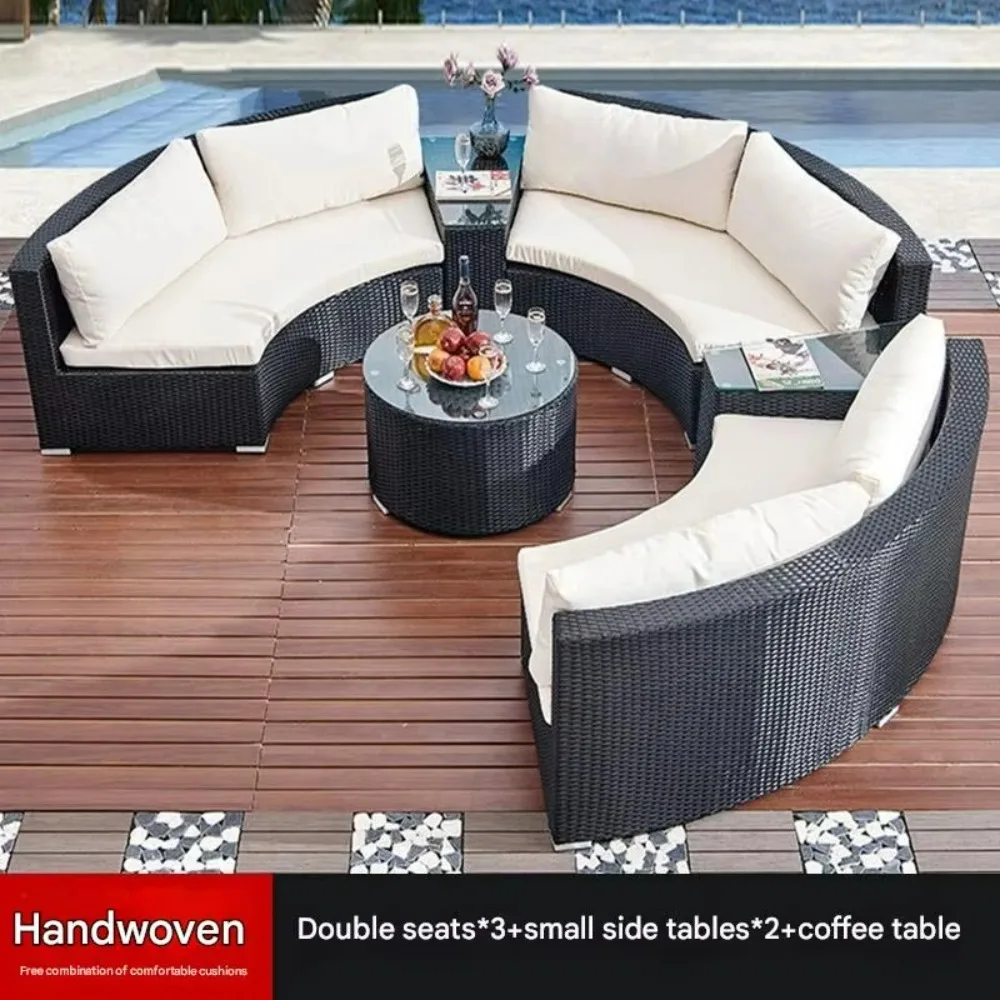 فعالة من حيث التكلفة منحني في الهواء الطلق مجموعة مضفر PE الخوص الروطان التصميم الحديث مقاومة الطقس سبائك الألومنيوم الإطار حديقة فناء