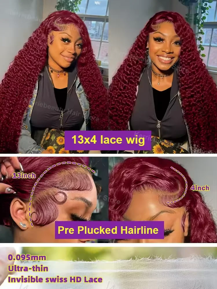 99J バーガンディ 32インチ ディープウェーブ 13x6 カール レースフロントウィッグ レッドワイン ウォーターウェーブ 13x4 HD 透明レースフロント 人毛ウィッグ