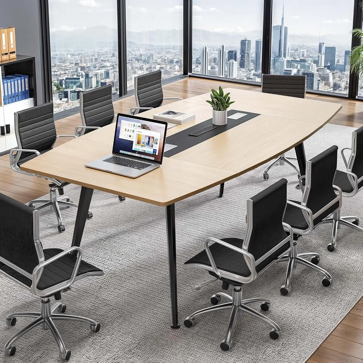 Table with Power Outlets, 70.8 Inches Boat Shaped Meeting Table with Rectangle Grommet, Modern Seminar Table for Office Conferen