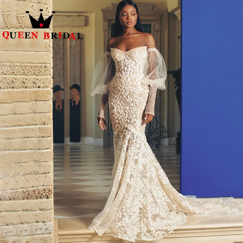 

Luxury Appliques Pearls Mermaid 2023 Wedding Dresses New Charming Long Puff Sleeve Bridal Gown Vestido De Noiva Custom D73X