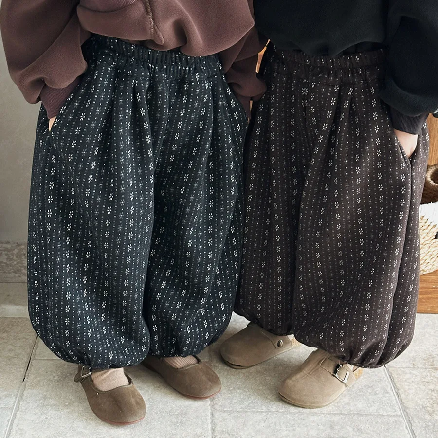 

Kids Clothes Fleece Pants Winter New Style Fleece Floral Casual Warm Lantern Pants Baby Boys and Girls Winter Outdoor Pants