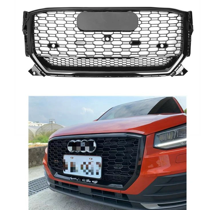 Auto front bumper grille for Audi Q2 SQ2 2018+ center honeycomb Glossy black grill for RSQ2 Style ABS Car grills