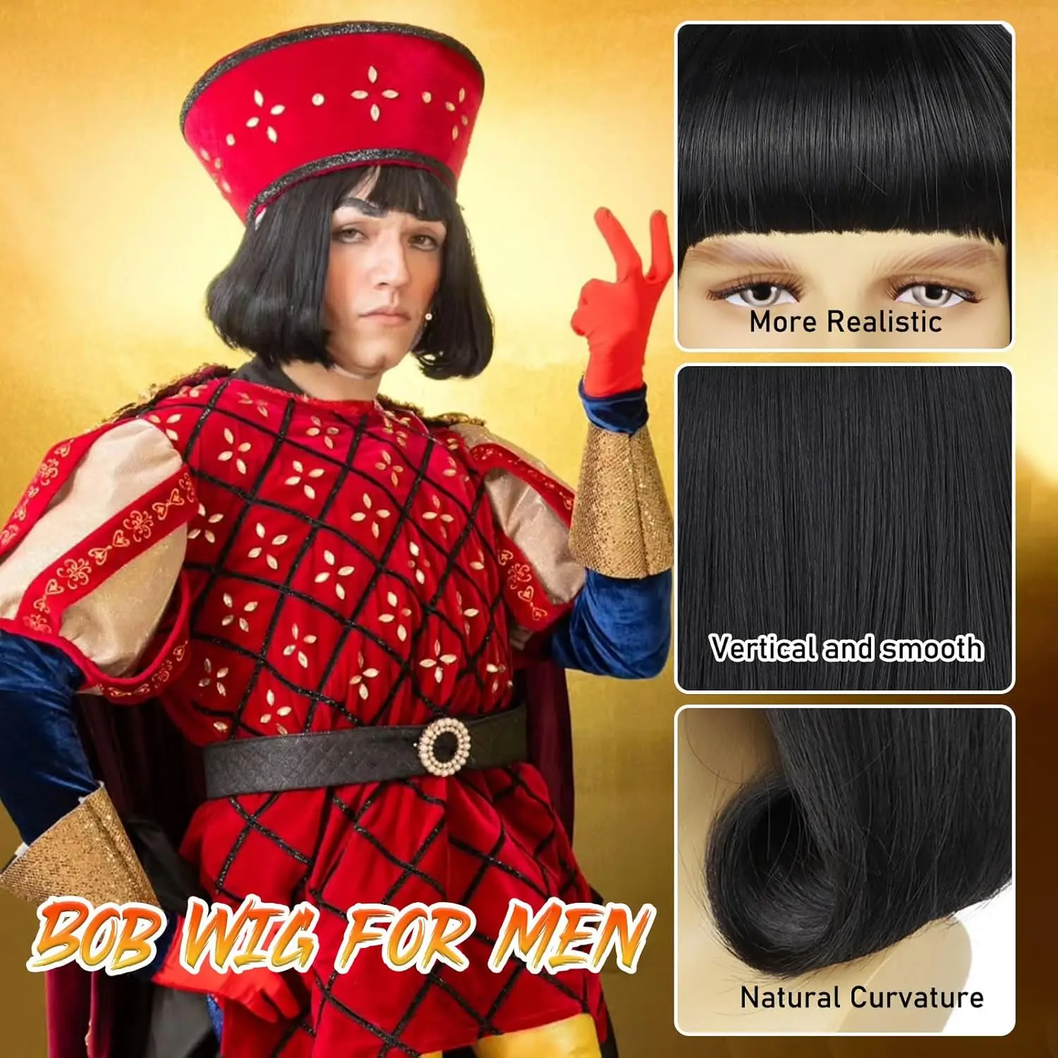 للجنسين شعر مستعار بوب أسود مع الانفجارات الكاملة قصيرة مستقيمة مقاومة للحرارة الاصطناعية الأسود زي الباروكات رجل تأثيري شعر مستعار حفلة الهالوين #5