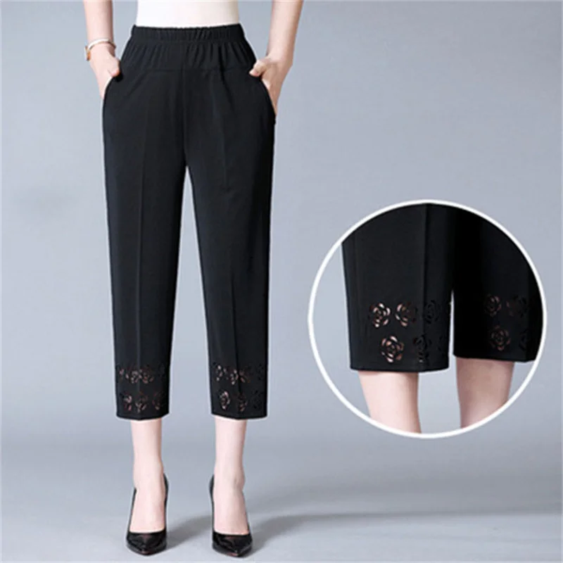 5XL 6XL 8XL Summer Women Thin Cropped Pants New Elastic High Waist Straight Pants Hollow Loose Middle-aged Female Casual Pants