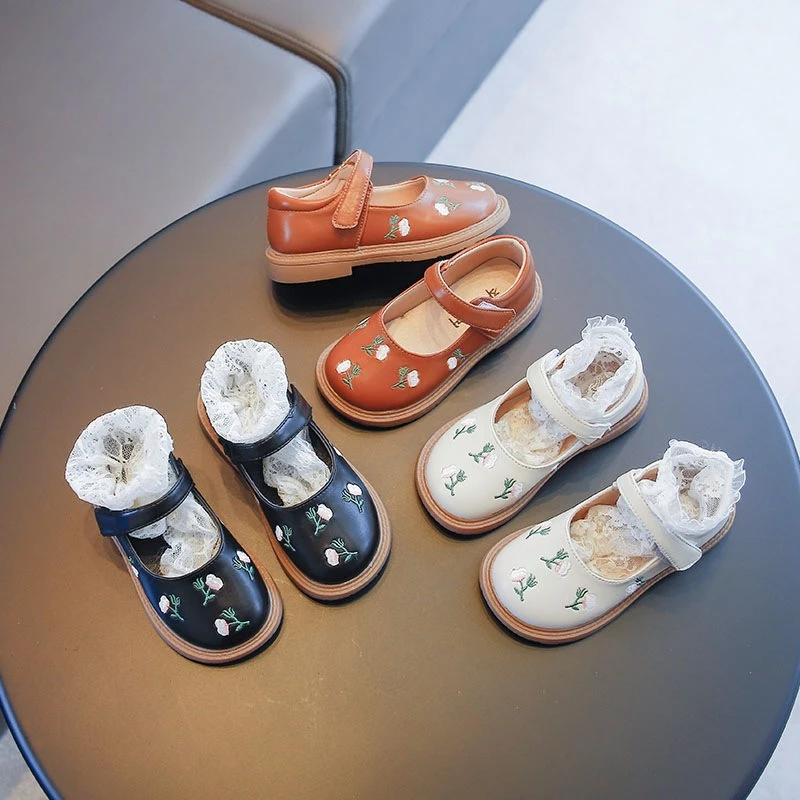 

Spring Autumn Girl Embroidered Flat Shoes Floral Pattern Children's Leather Shoes Chinese Style Kids Princess Mary Jane Shoes
