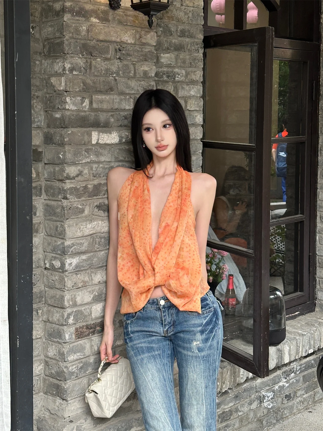 

Топ-халтер Mipaiyi Deep Blue Orange с принтом, без рукавов, из шифона, с открытой спиной, для молодых женщин, летняя повседневная одежда