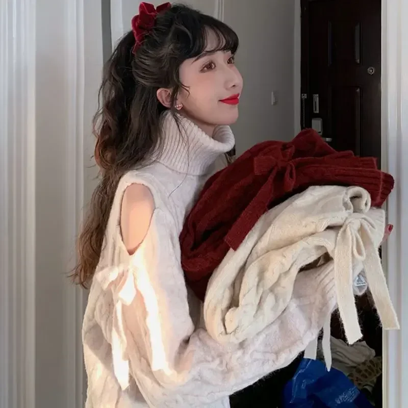 2025 New Spring Korean Style Knit Off Shoulder Turtleneck Sweater Women Fashion Long Sleeve Wine Red Loose Streetwear Women
