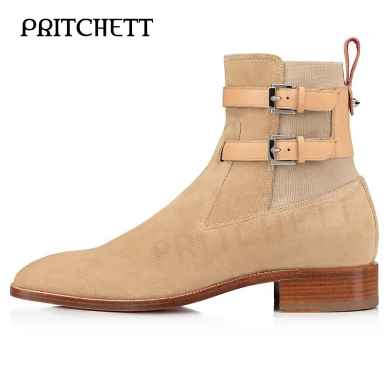 

Men's Brown Suede Leather Boots Wood Grain Heel Belt Buckle Pull-On Ankle Boots Fashion Casual Business High Quality Men's Boots