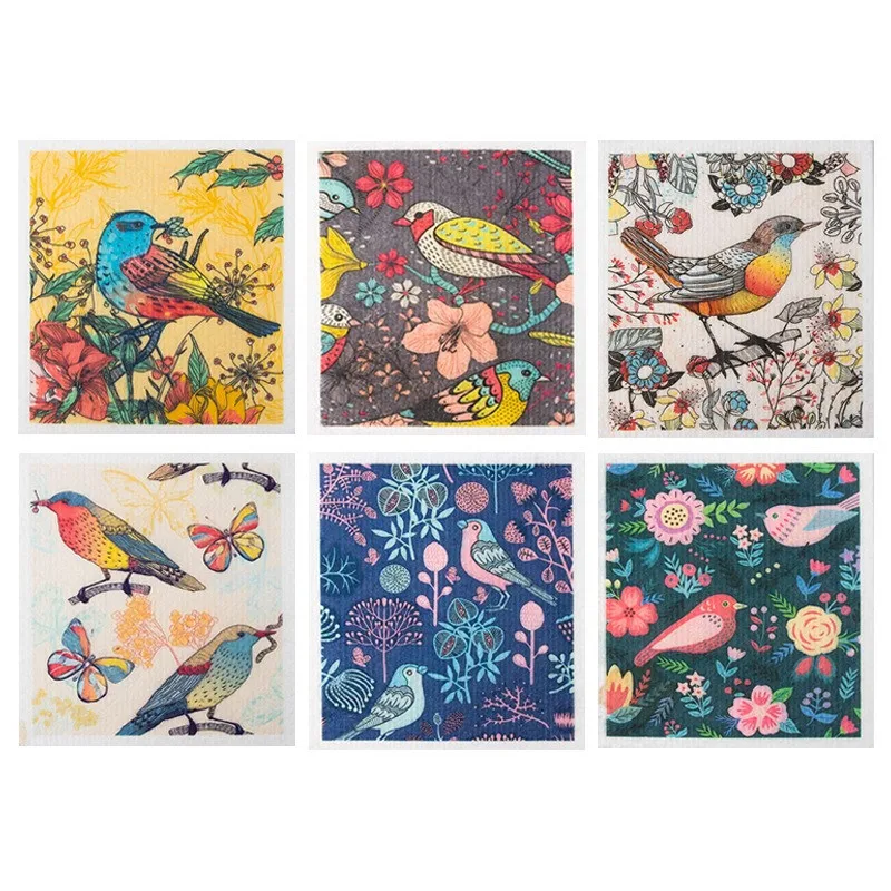 

6Pcs/pack Bird Printed Wood Pulp Cotton Dishcloth Oil Resistant Kitchen Cleaning Cloth Bowl Towels Cleaning Tool