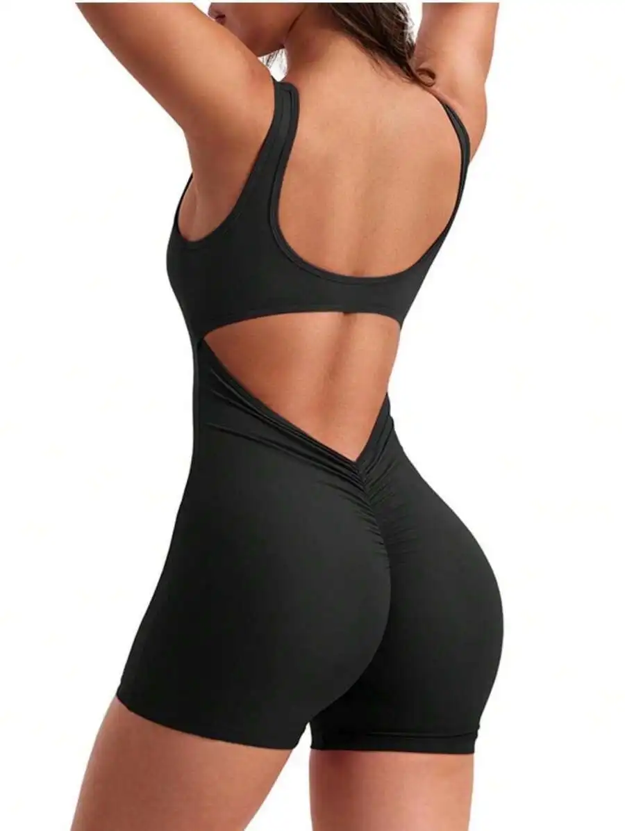 One Piece Jumpsuits For Women Tummy Control V Back Scrunch Butt Jumpsuit Sleeveless Bodycon Yoga Workout Romper Shorts-Labor