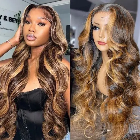 28Inch Highlight Ombre body wave Lace Front Human Hair Wigs 13x6 Highlight Body Wave Lace Frontal Wig for woman