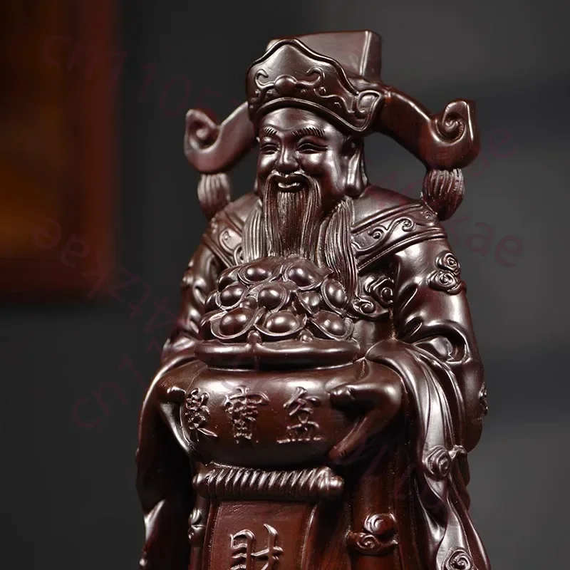 Elegant Black Ebony Wood Carved Wealth God Statue - Full Standing Fortune Deity, Office & Home Decor