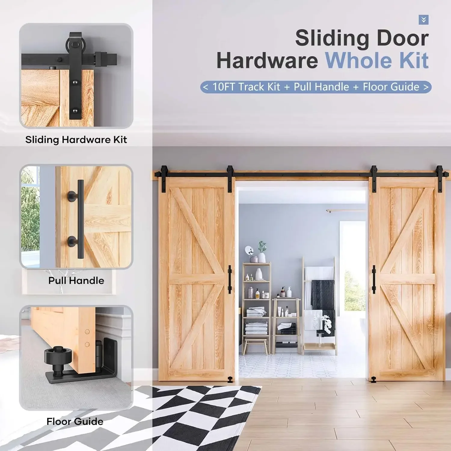 10 FT Double Sliding Barn Door Track and Handle Hardware Kit,Basic J Pulley,Slide Smoothly Quietly,Easy Install (10FT Track Kit