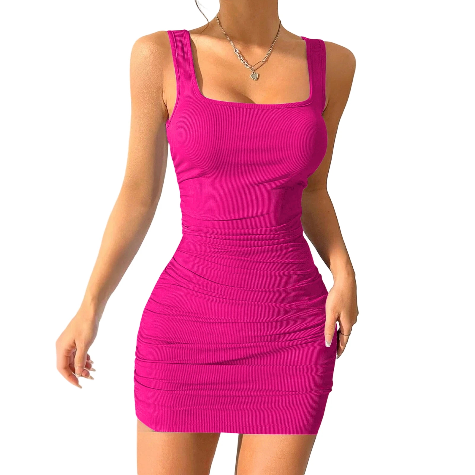 Women's Elegant Sleeveless Slim-Fit Cocktail Camisole Dress, Solid Color Pleated Bodycon Short Dress, Square Neck Dress