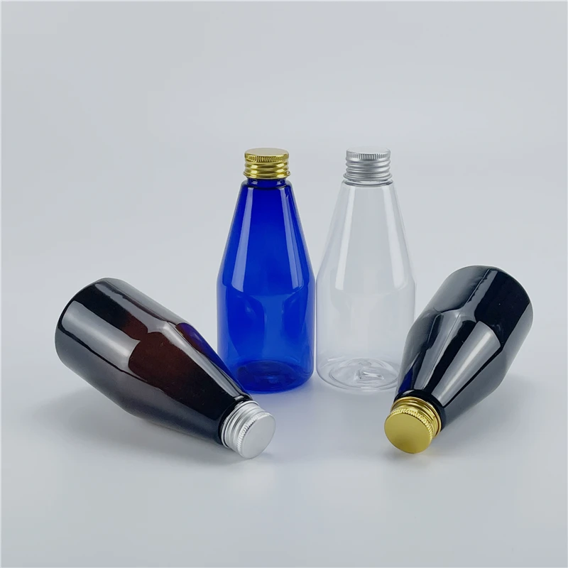 

Clear Black Brown Blue 200ML X 25 Plastic Conical Bottles With Aluminum Screw Cap DIY SPA Massage Oil Toner Cosmetics Containers