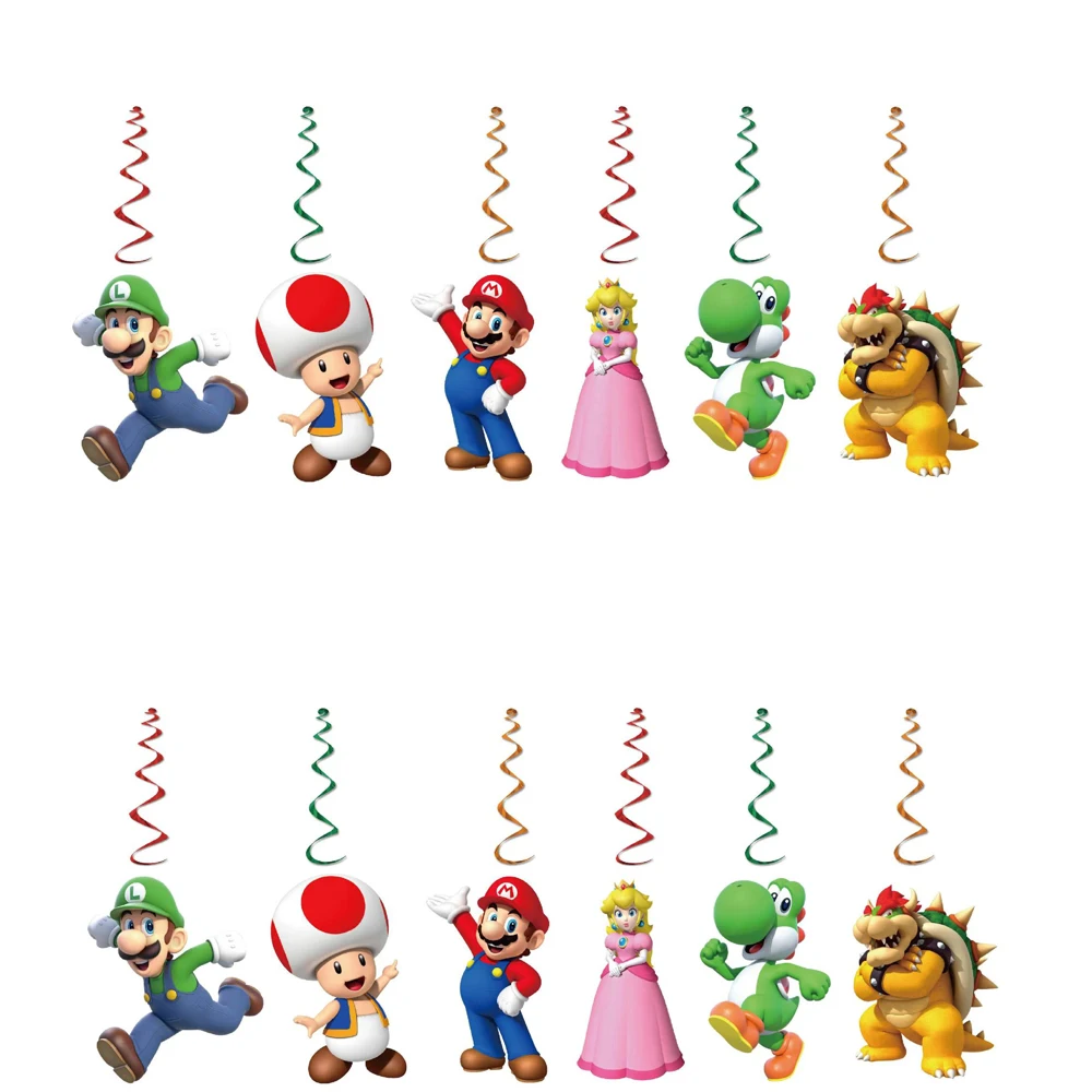 6pcs/lot Mario Theme Swirls Happy Birthday Party Kids Favors Events Decorations Ceiling Hanging Spirals