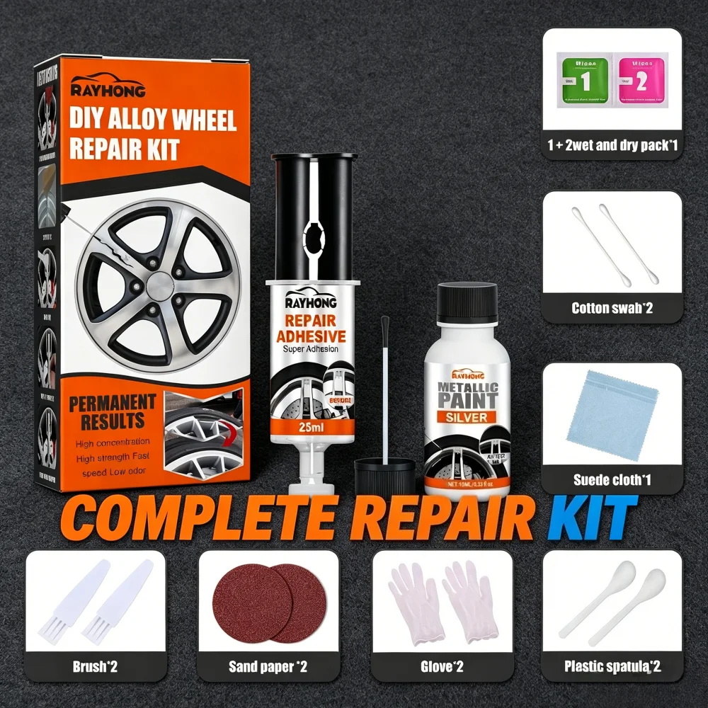 Professional Alloy Wheel Repair Kit, Permanent Fix for Scratches, Restores Glossy Silver Finish with Complete Tools