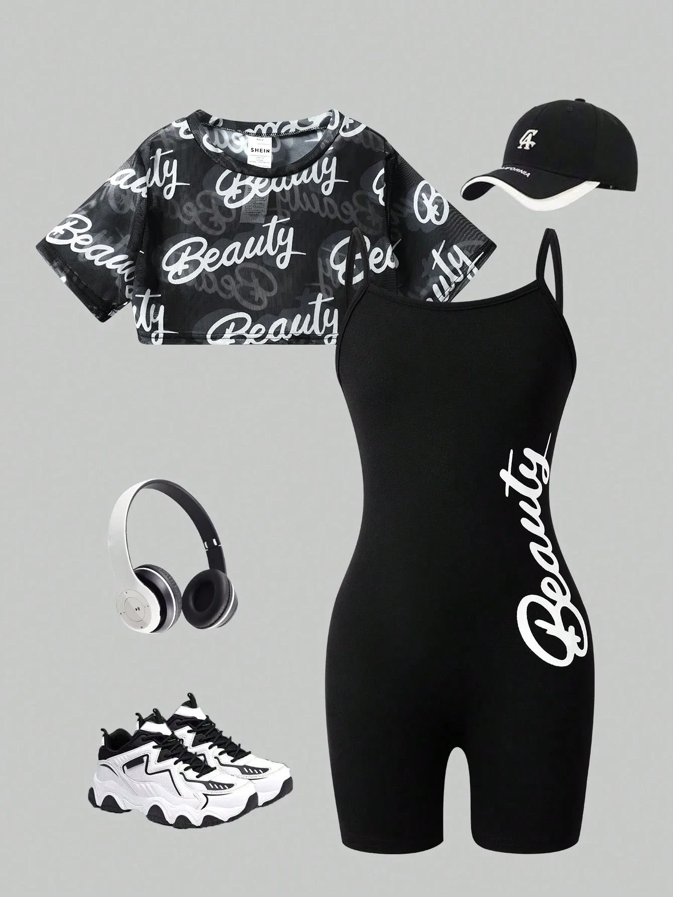 

Black Sheer Letter Print Crop Top And Bodysuit Two Piece Set