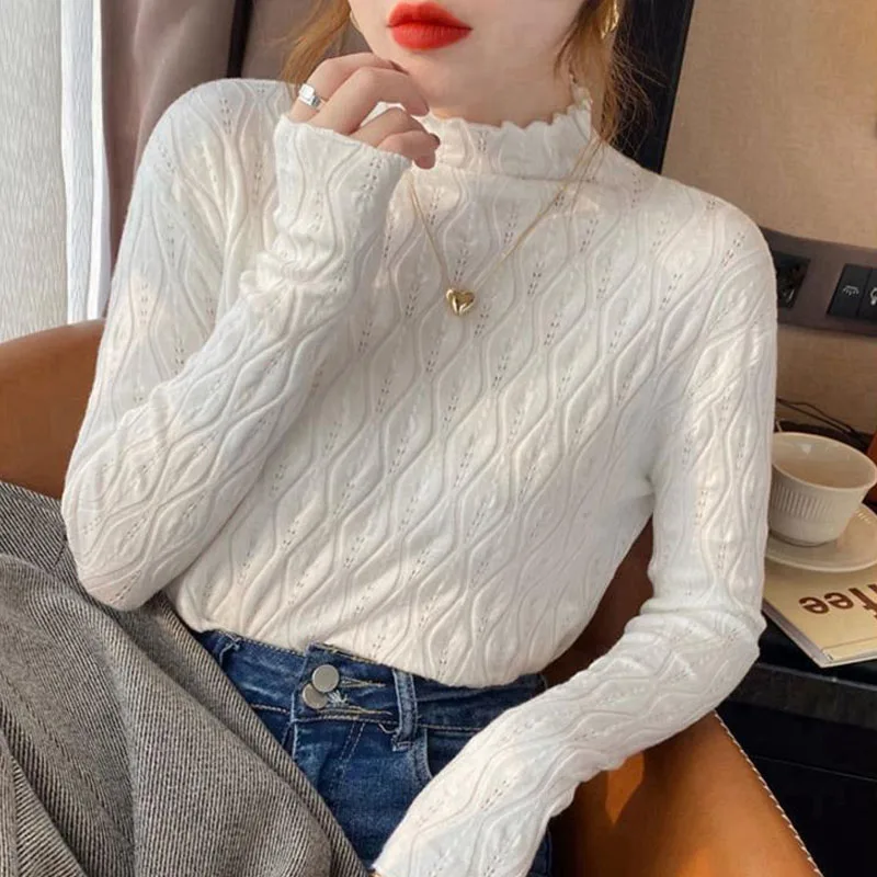 

Long Sleeve Mock Neck Knitted Sweater Women Pullovers New White Knit Sweater Pullover Women Tops Sweaters Sueters De Mujer Q1673
