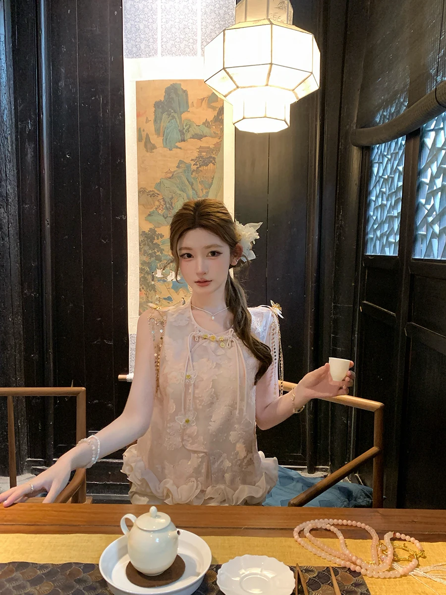 

Новый китайский розовый шелковый круглый жилет NMIOK【Chuang eng Meng Die】летний новый модный национальный трендовый жилет женский Jaet