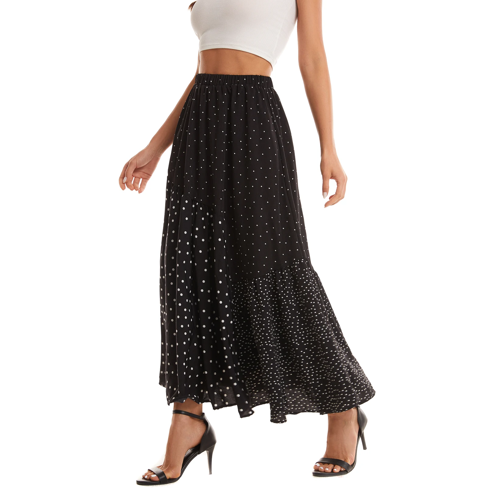 تنورة متوسطة الطول منقطة مرقعة مع بطانة - لوحات غير متماثلة مبطنة بشكل واسع بطول الكاحل وخصر مرن #5