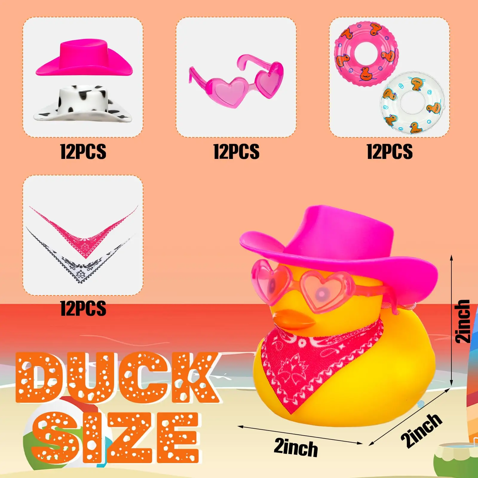 12/24/48Set Cowgirl Rubber Duck Bulk Mini Yellow Duckies with Cowboy Hat Sunglasses Scarves for Party Supplies Favors Decoration