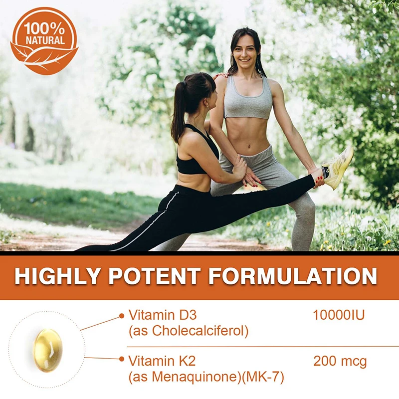 Vitamin D3 10000 IU with K2 200 Mcg | 2 in 1 Support Immune, Heart, Joint, Teeth & Bone Health