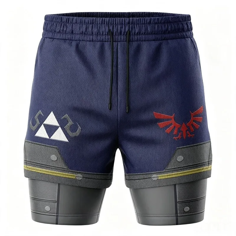 Men Boys 2-in-1 Fitness Training Shorts The Legend of Zelda Link Hylian Shield Print Outer Shorts Gym Running Beach Short Pants view 2