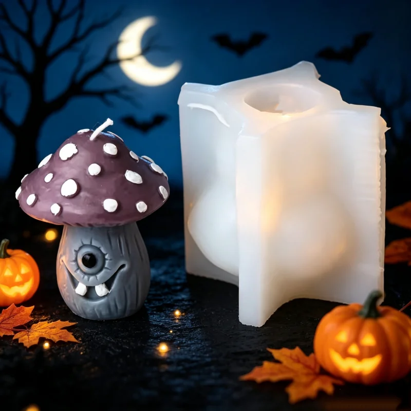 Halloween Fairy House Mushroom Silicone Candle Molds 3D Mushroom Ghost Spooky House Wax Soap Resin Plater Mould DIY Home Ornamet
