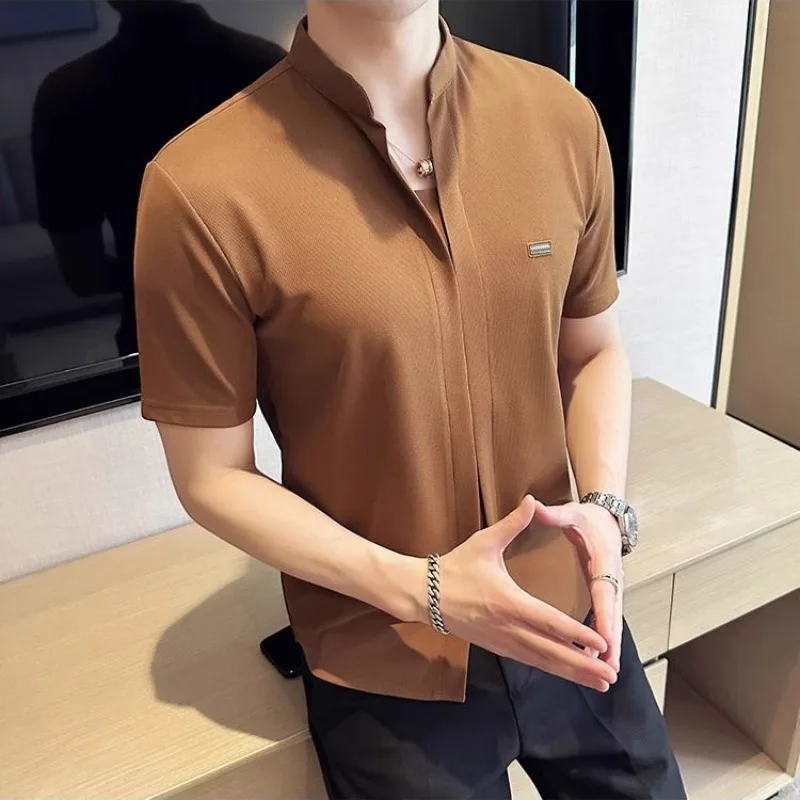 American Style Trendy Summer New Men\'s Stand Collar Solid Color Smart Casual Simplicity Versatile Short Sleeve Slim T-Shirts Top