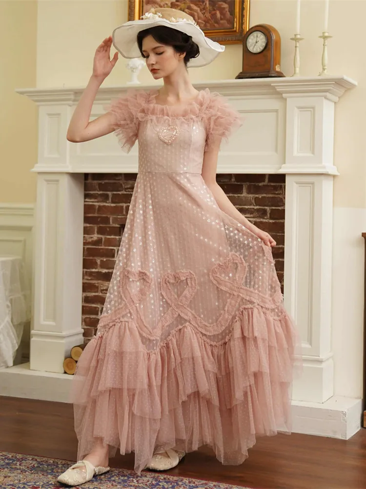 82-94cmBust Geburtstagskleid Damen Vintage ElegantSlim Handgemacht Perlen Herz Pailletten Extra großer Saum Romantisches leichtes Hochzeitskleid