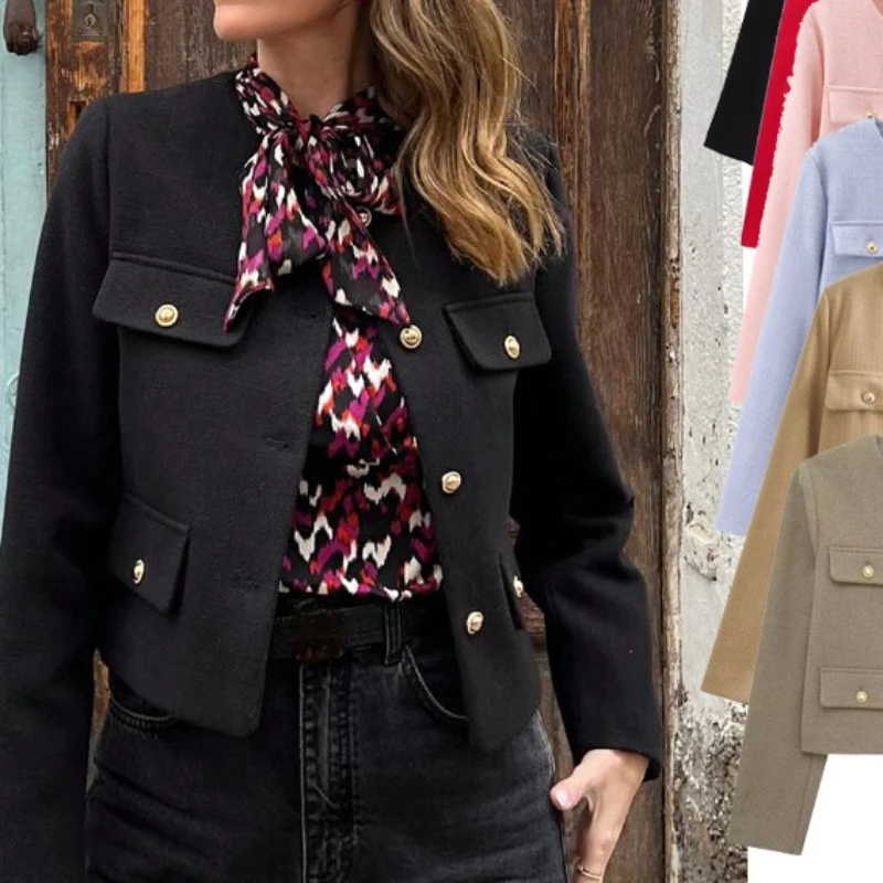 

New Women's Autumn/Winter High-End Round-Neck Short Jacket, French-Style Tweed